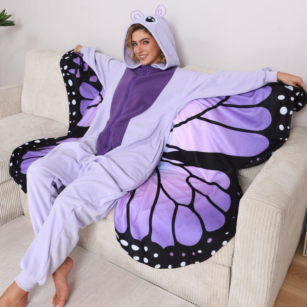 Adult Butterfly Onesie Costume – Purple Wings Plush Pajamas for Women, Enchanting Cosplay & Halloween Wear