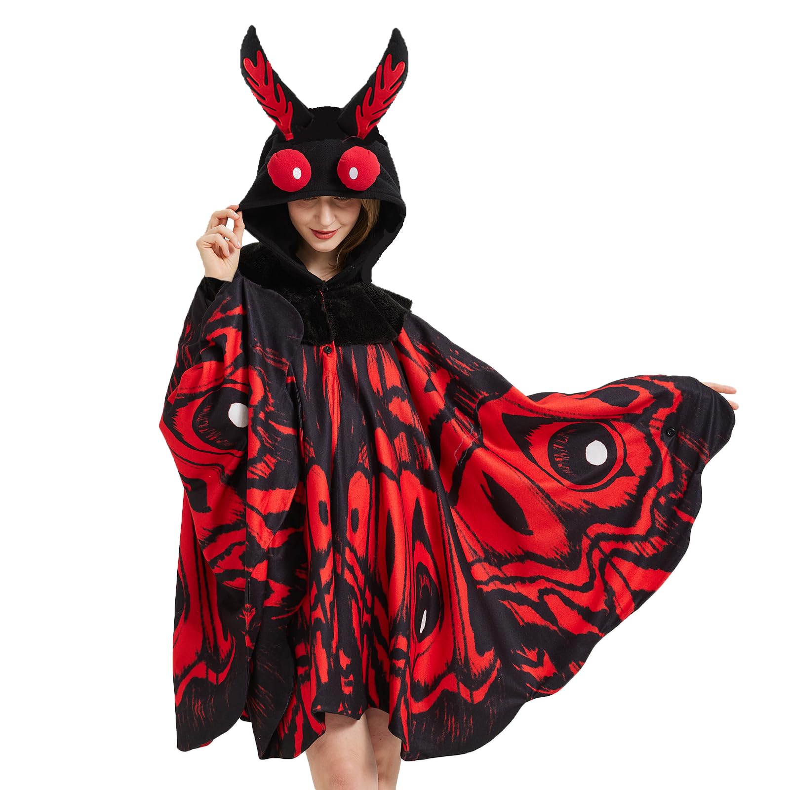 Adult Mothman Costume – One Size Fits All Cryptid Jumpsuit with Red Eyes & Printed Body Pattern for Halloween