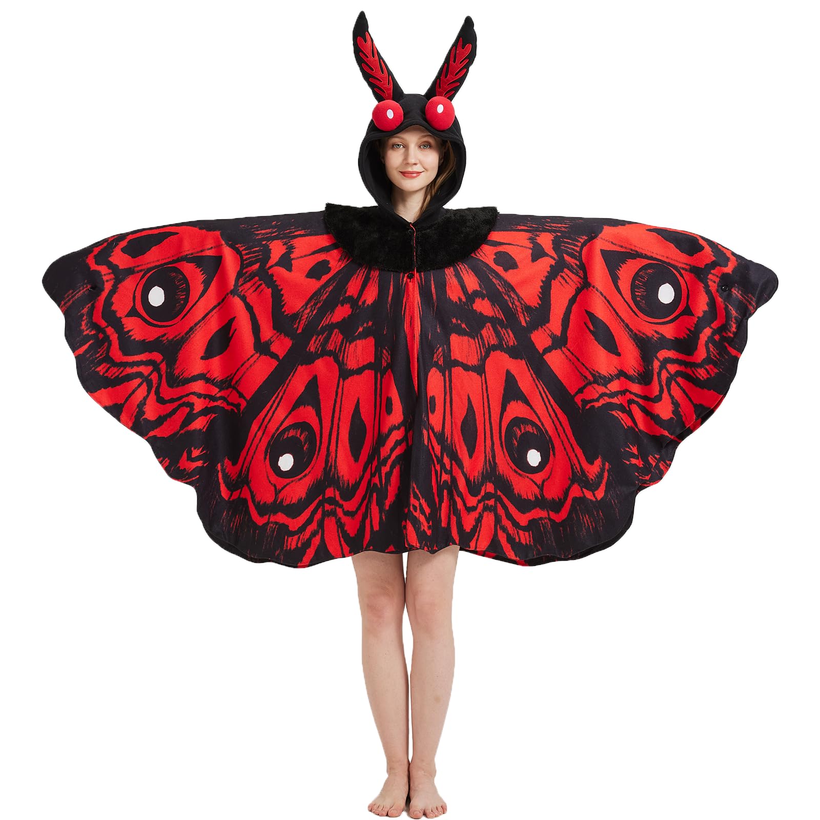 Adult Mothman Costume – One Size Fits All Cryptid Jumpsuit with Red Eyes & Printed Body Pattern for Halloween