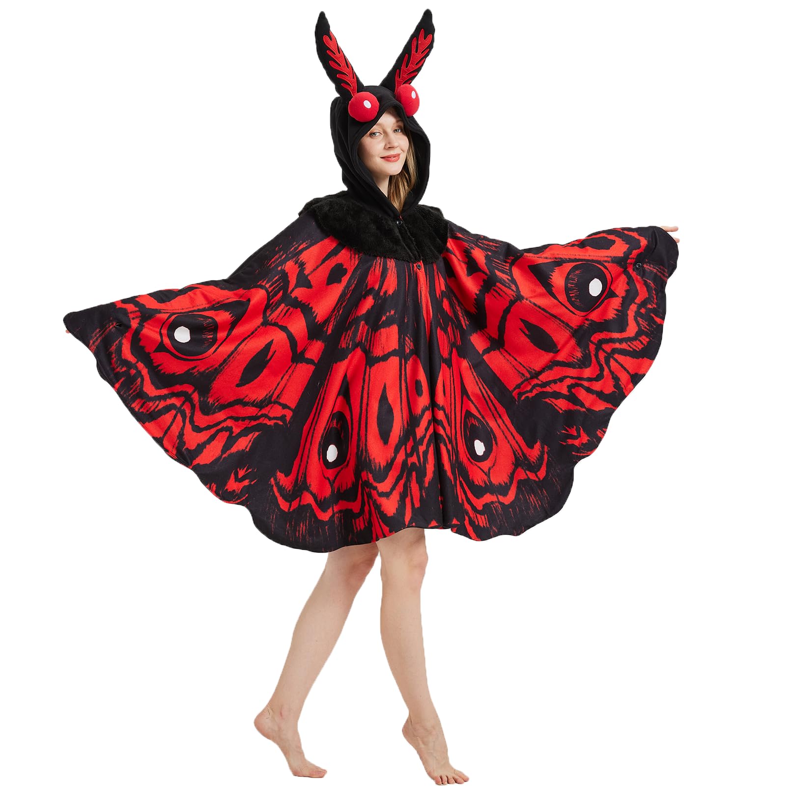 Adult Mothman Costume – One Size Fits All Cryptid Jumpsuit with Red Eyes & Printed Body Pattern for Halloween