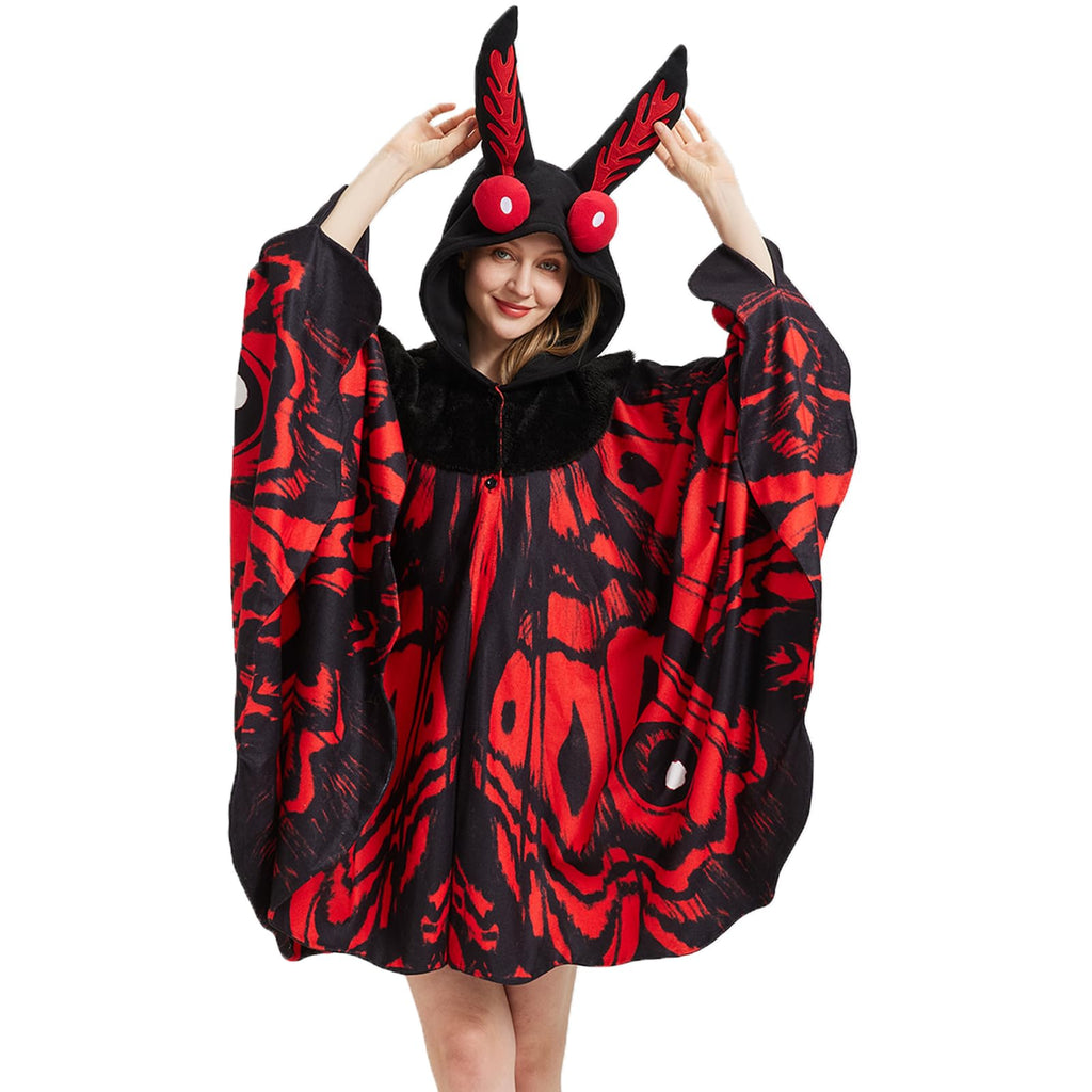Adult Mothman Costume – One Size Fits All Cryptid Jumpsuit with Red Eyes & Printed Body Pattern for Halloween