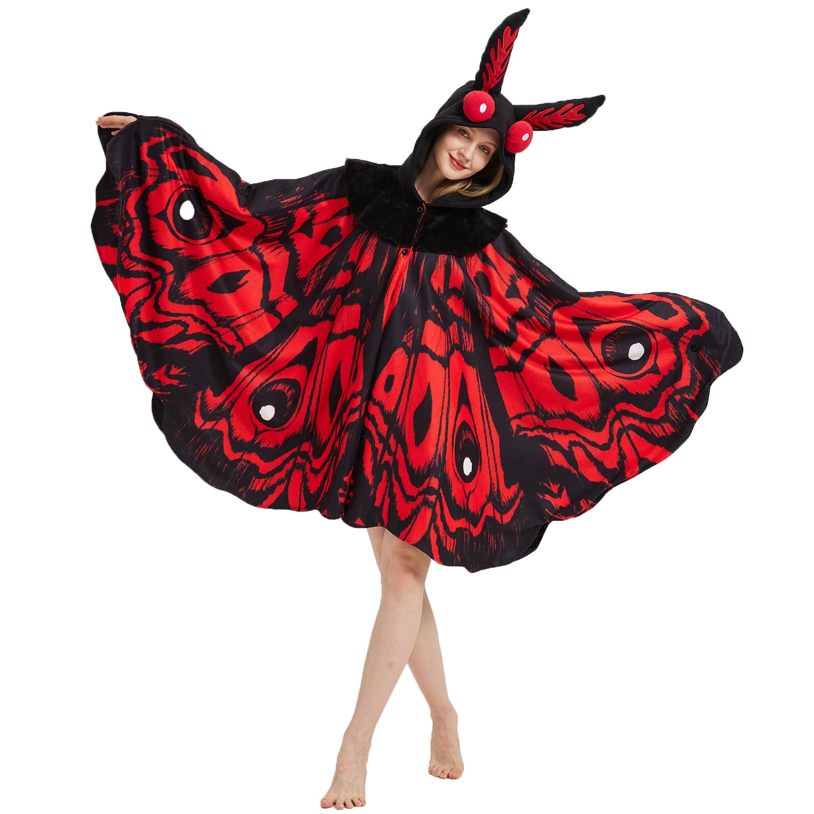 Adult Mothman Costume – One Size Fits All Cryptid Jumpsuit with Red Eyes & Printed Body Pattern for Halloween