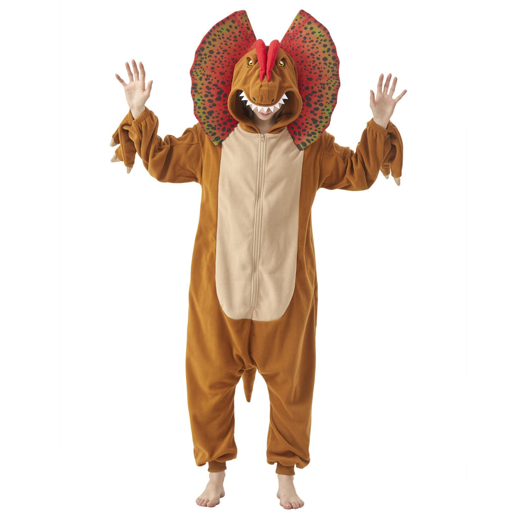 Adult Dilophosaurus Onesie Costume – Dinosaur Pajamas with Fan-Like Neck Frill for Halloween & Cosplay