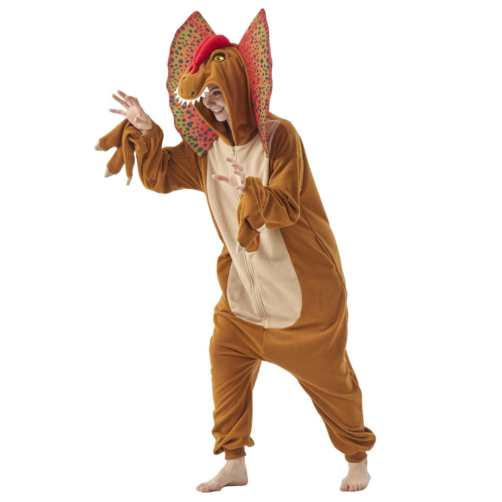 Adult Dilophosaurus Onesie Costume – Dinosaur Pajamas with Fan-Like Neck Frill for Halloween & Cosplay