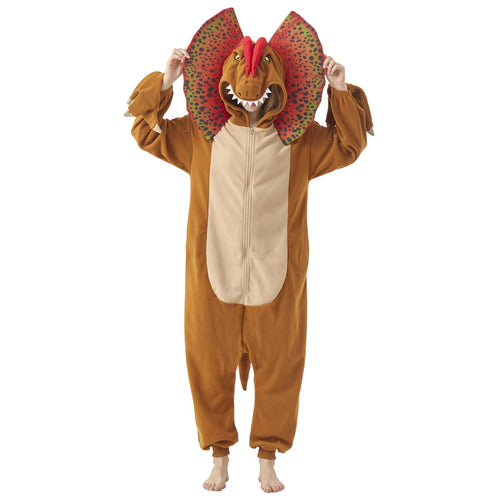 Adult Dilophosaurus Onesie Costume – Dinosaur Pajamas with Fan-Like Neck Frill for Halloween & Cosplay