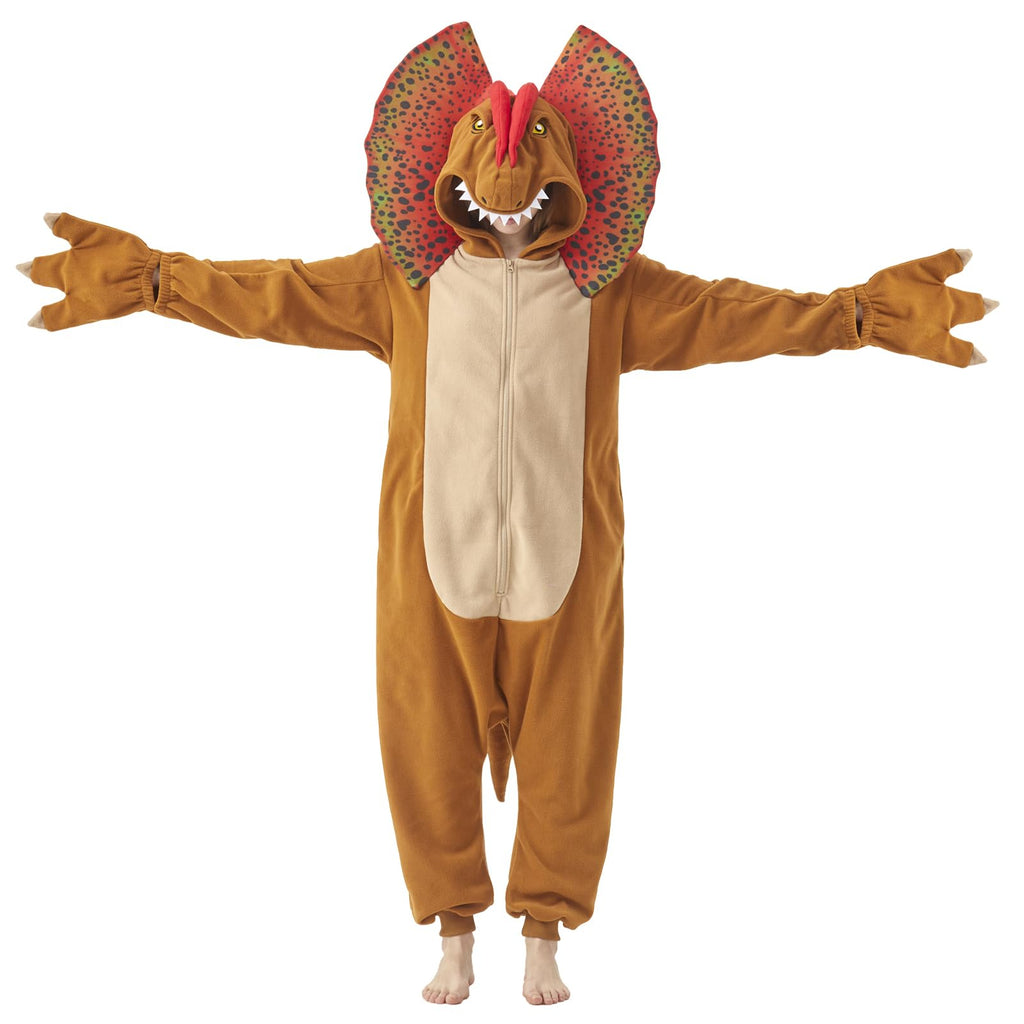 Adult Dilophosaurus Onesie Costume – Dinosaur Pajamas with Fan-Like Neck Frill for Halloween & Cosplay