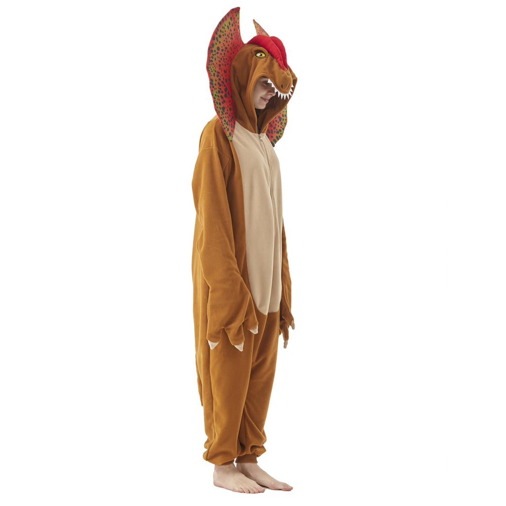 Adult Dilophosaurus Onesie Costume – Dinosaur Pajamas with Fan-Like Neck Frill for Halloween & Cosplay