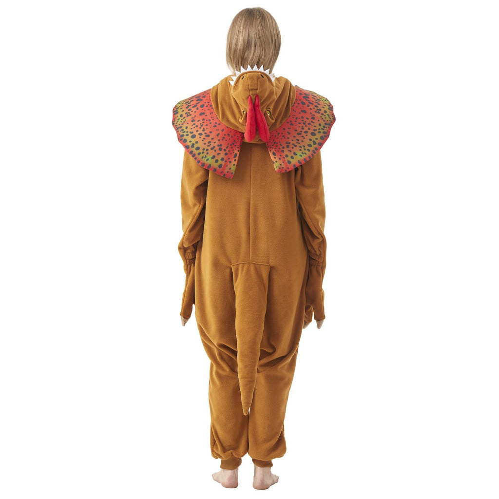 Adult Dilophosaurus Onesie Costume – Dinosaur Pajamas with Fan-Like Neck Frill for Halloween & Cosplay