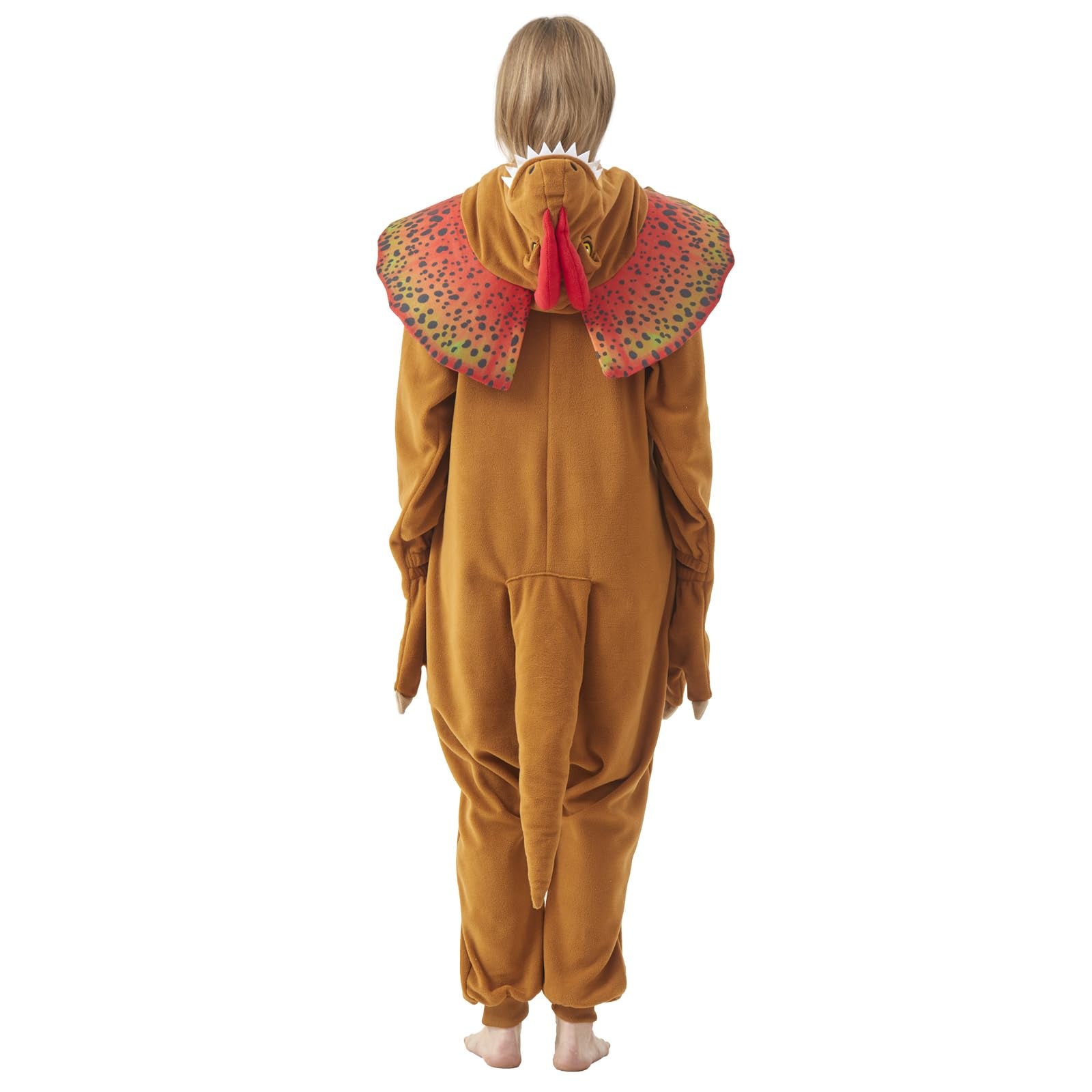 Adult Dilophosaurus Onesie Costume – Dinosaur Pajamas with Fan-Like Neck Frill for Halloween & Cosplay