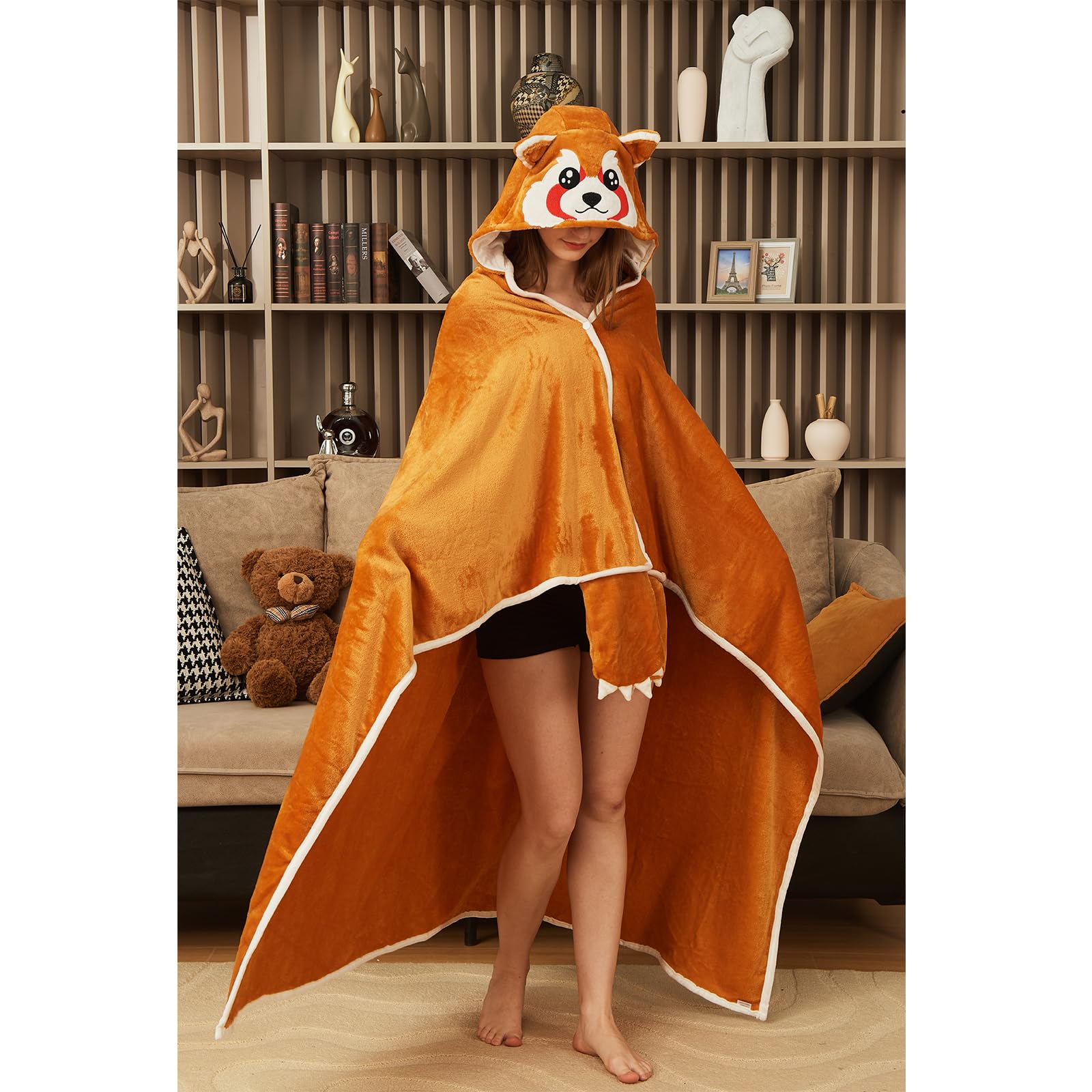 Red Panda Hooded Blanket – Wearable Cozy Cape for Adults, Soft Plush Throw with Adorable Animal Design for Home & Parties