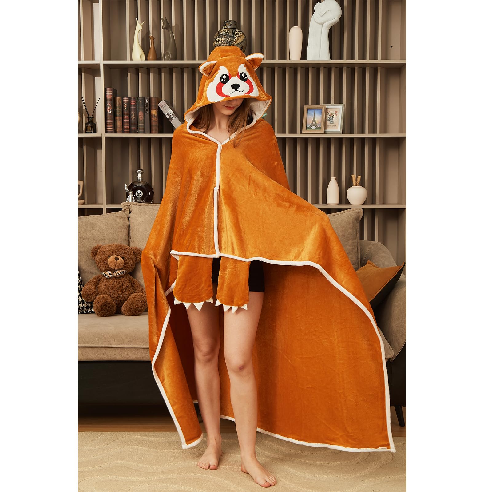 Red Panda Hooded Blanket – Wearable Cozy Cape for Adults, Soft Plush Throw with Adorable Animal Design for Home & Parties