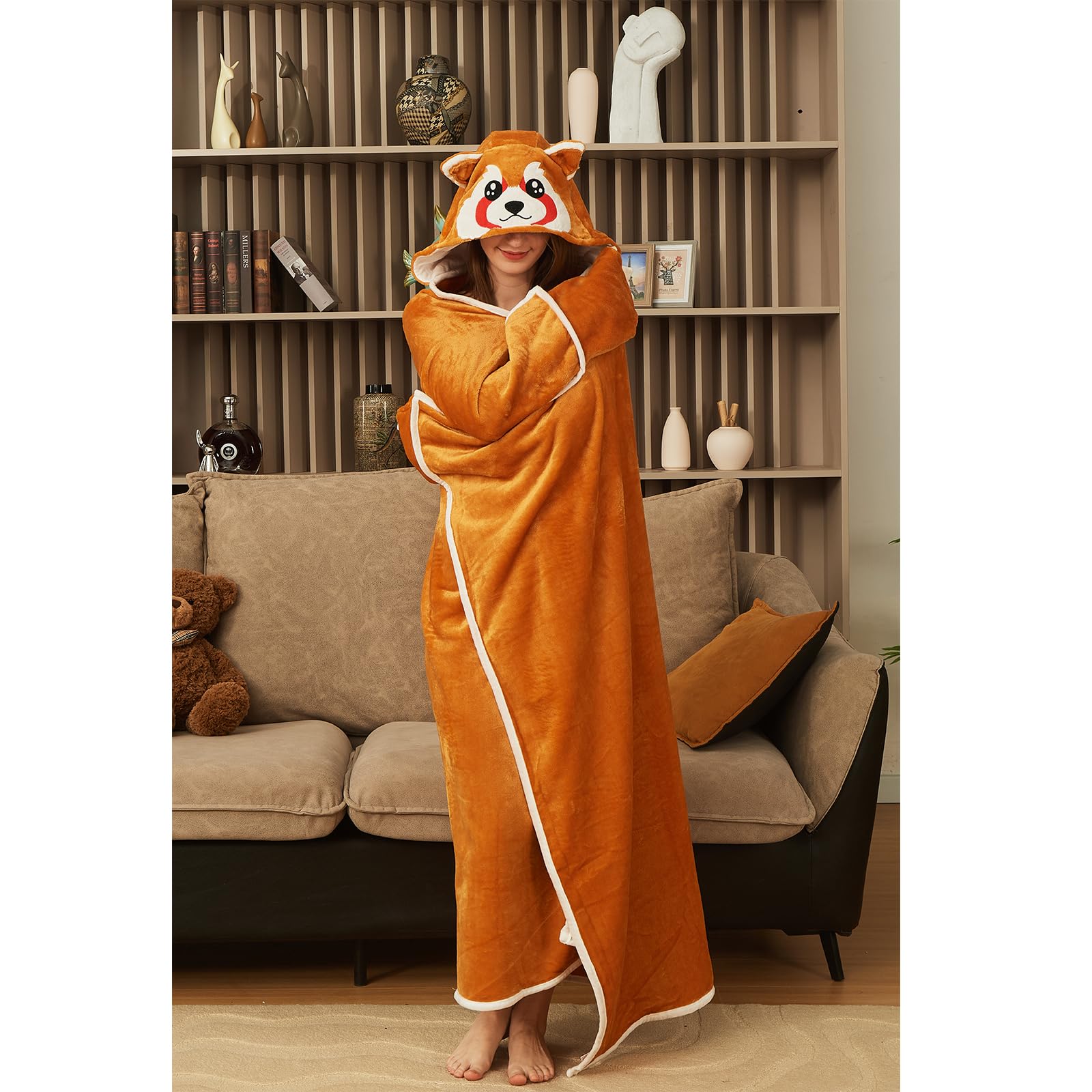 Red Panda Hooded Blanket – Wearable Cozy Cape for Adults, Soft Plush Throw with Adorable Animal Design for Home & Parties