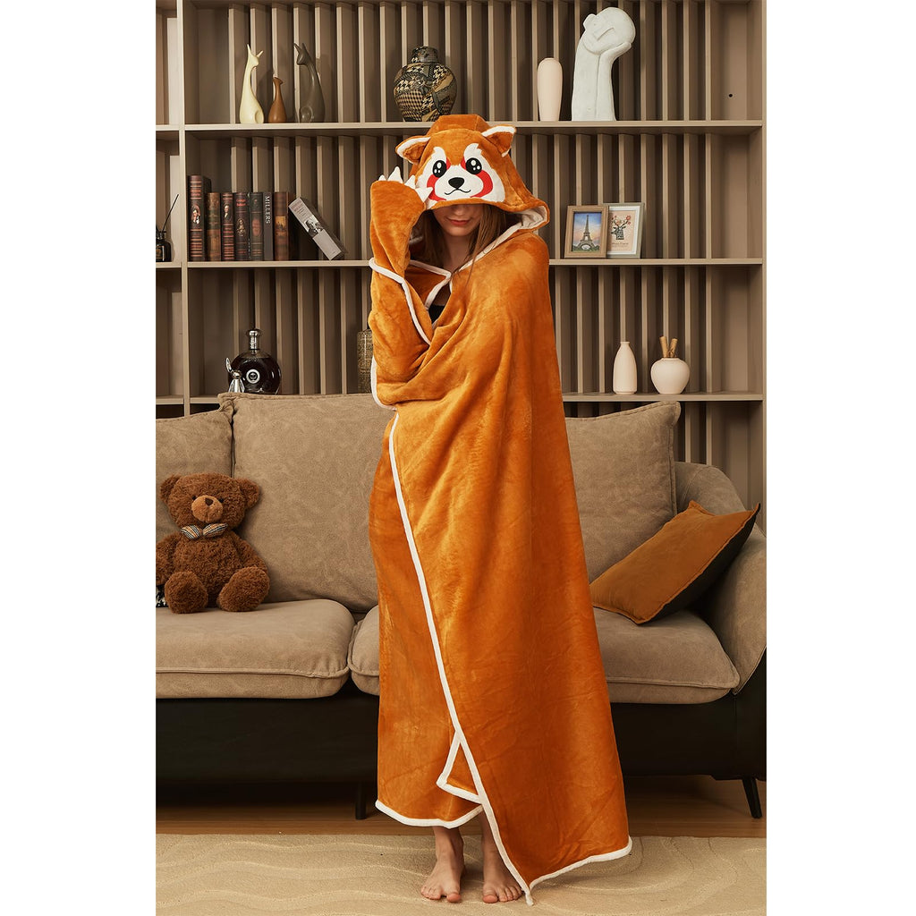 Red Panda Hooded Blanket – Wearable Cozy Cape for Adults, Soft Plush Throw with Adorable Animal Design for Home & Parties