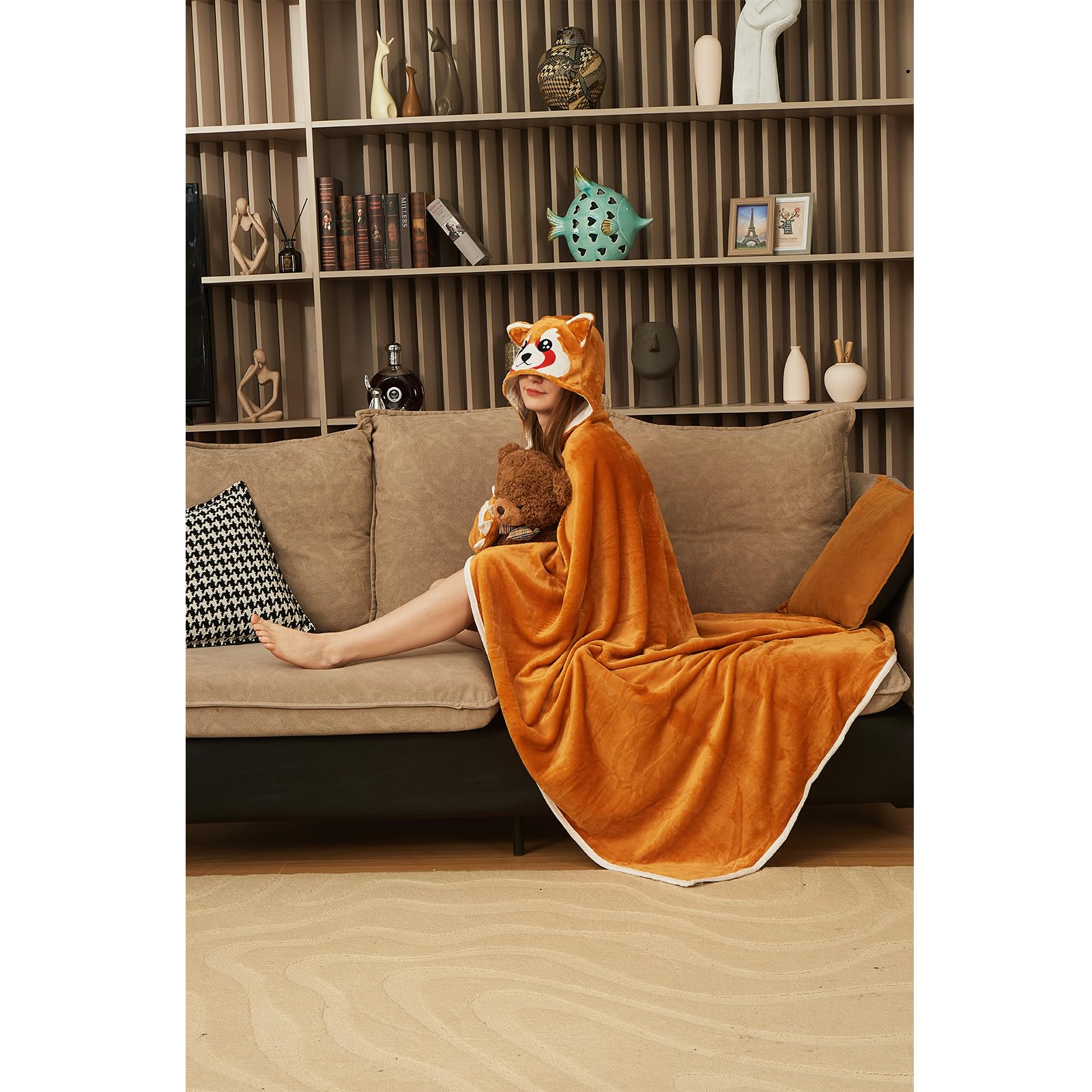 Red Panda Hooded Blanket – Wearable Cozy Cape for Adults, Soft Plush Throw with Adorable Animal Design for Home & Parties