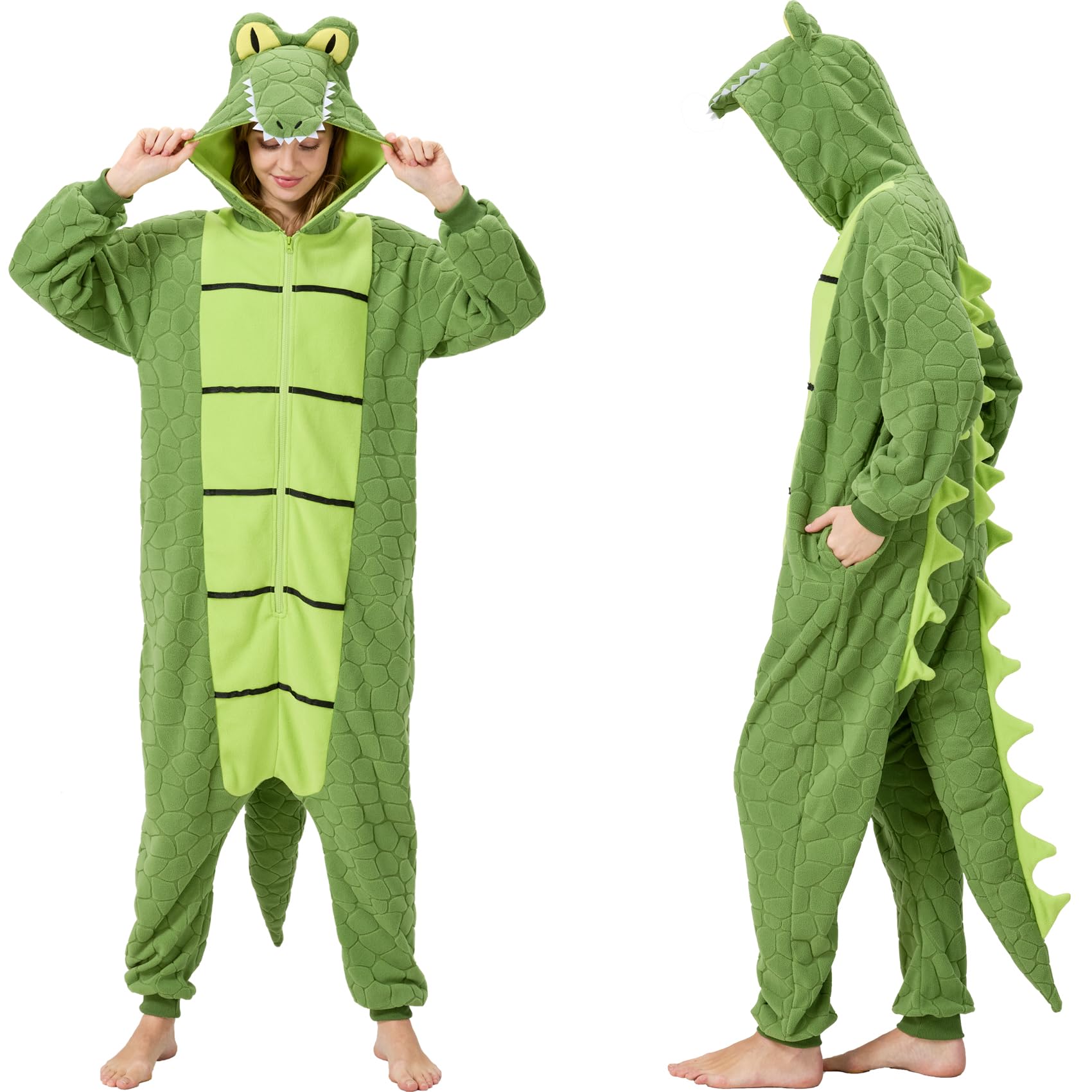 Adult Alligator Crocodile Onesie Costume – Realistic Reptile Pajamas with Dorsal Fins & Tail for Halloween