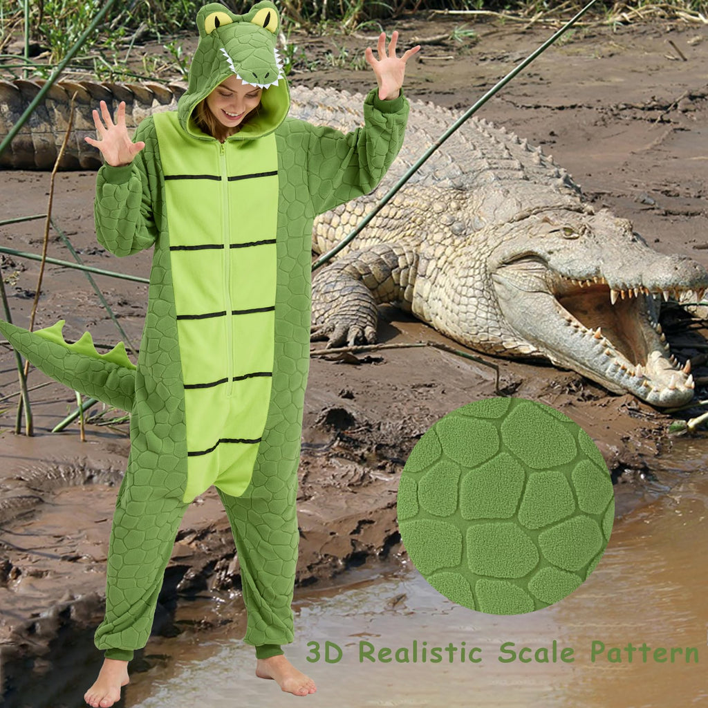 Adult Alligator Crocodile Onesie Costume – Realistic Reptile Pajamas with Dorsal Fins & Tail for Halloween