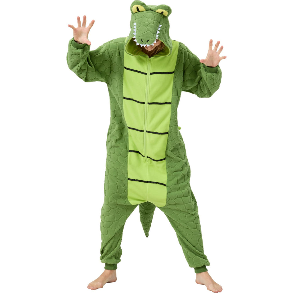 Adult Alligator Crocodile Onesie Costume – Realistic Reptile Pajamas with Dorsal Fins & Tail for Halloween
