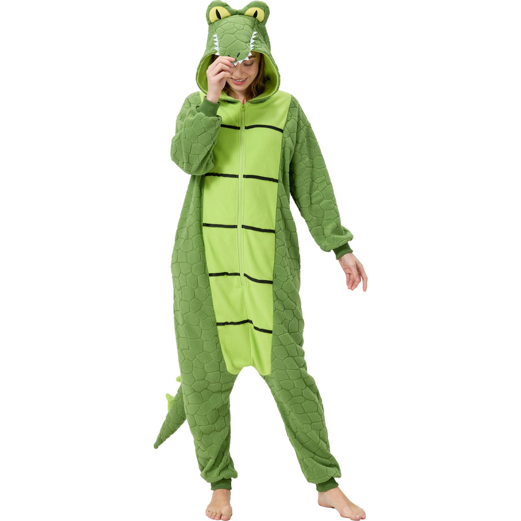 Adult Alligator Crocodile Onesie Costume – Realistic Reptile Pajamas with Dorsal Fins & Tail for Halloween