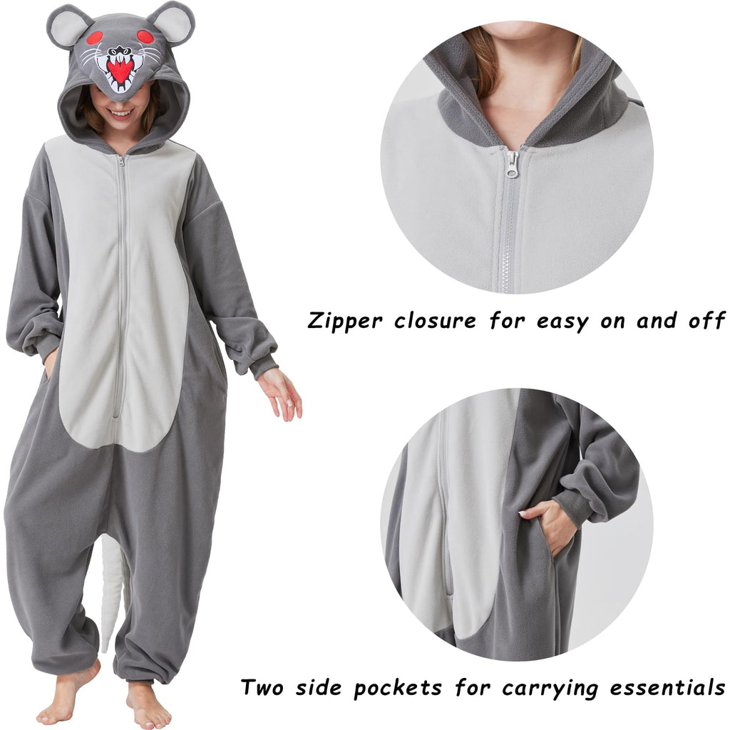 Adult Mouse Onesie Costume – Cute Rodent Pajamas with Tail & Hood for Halloween & Cozy Lounging