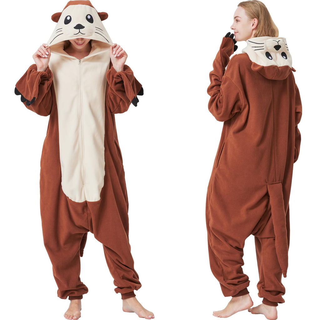 Adult Sea Otter Onesie Costume – Adorable Plush Animal Pajamas with Ears, Tail & Detachable Gloves for Halloween