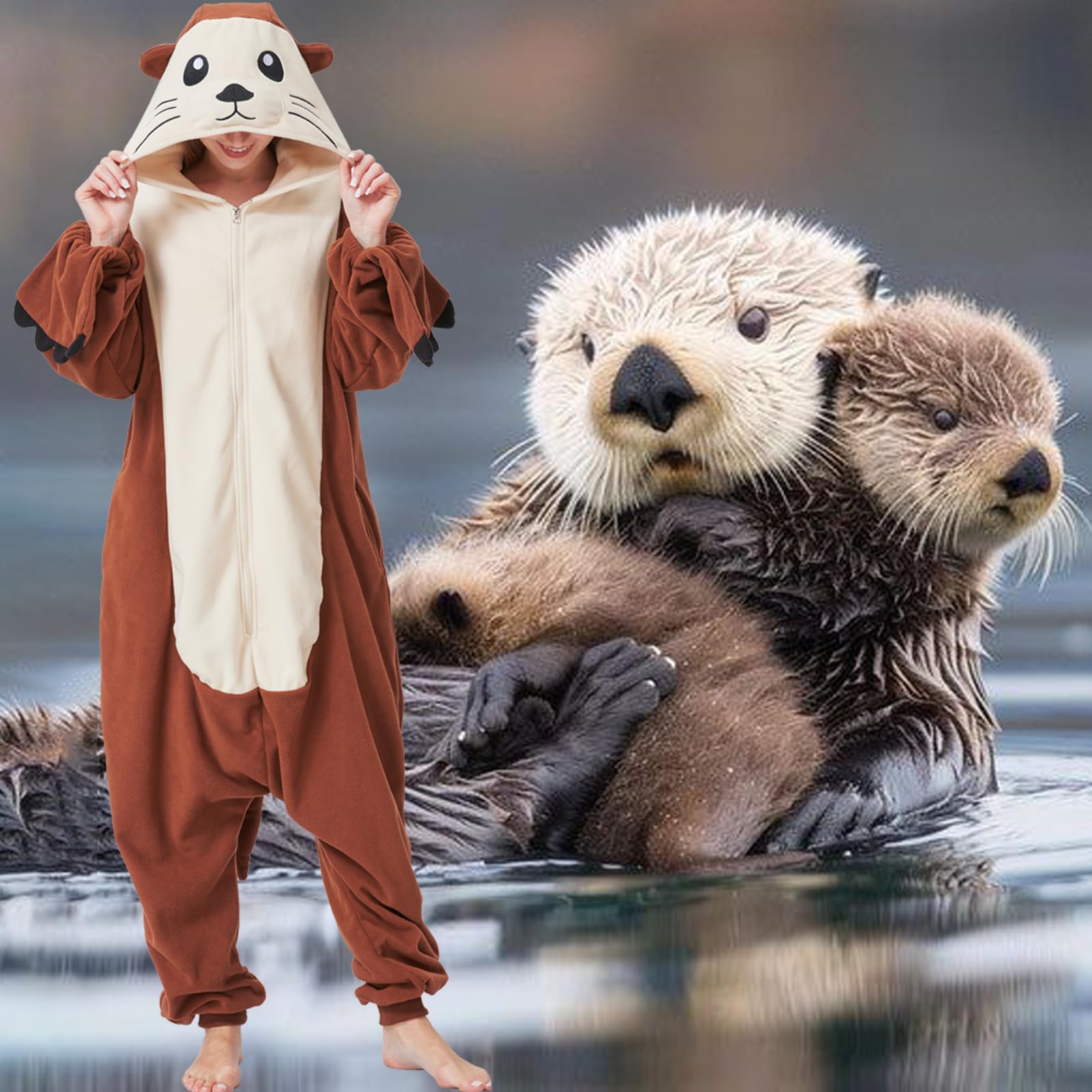 Adult Sea Otter Onesie Costume – Adorable Plush Animal Pajamas with Ears, Tail & Detachable Gloves for Halloween