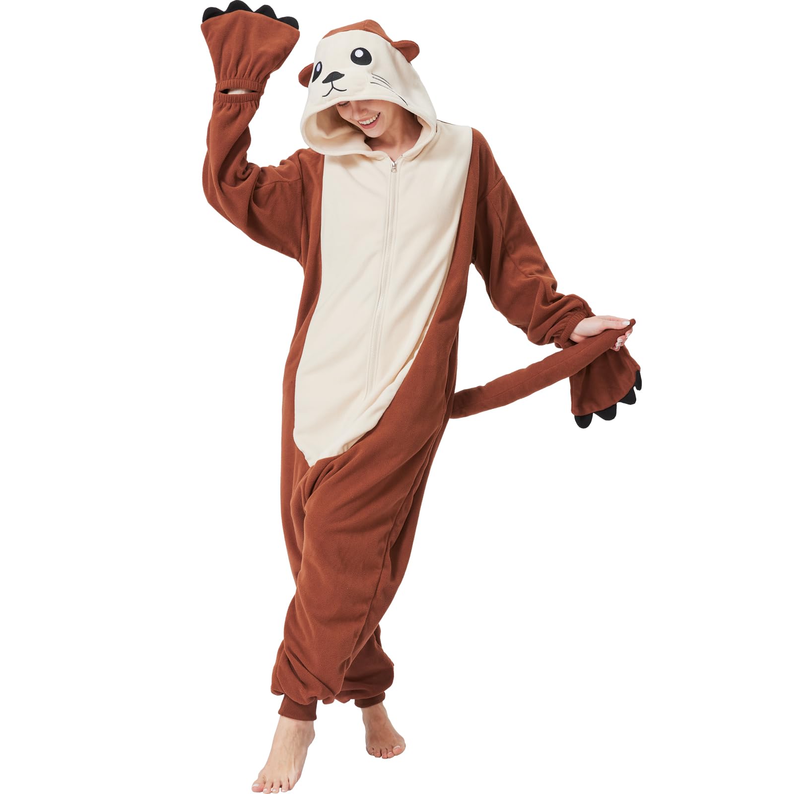Adult Sea Otter Onesie Costume – Adorable Plush Animal Pajamas with Ears, Tail & Detachable Gloves for Halloween