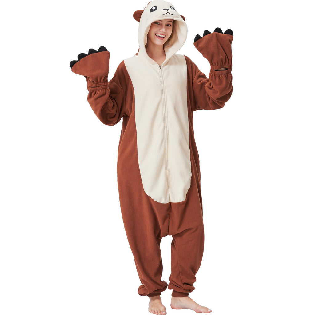 Adult Sea Otter Onesie Costume – Adorable Plush Animal Pajamas with Ears, Tail & Detachable Gloves for Halloween