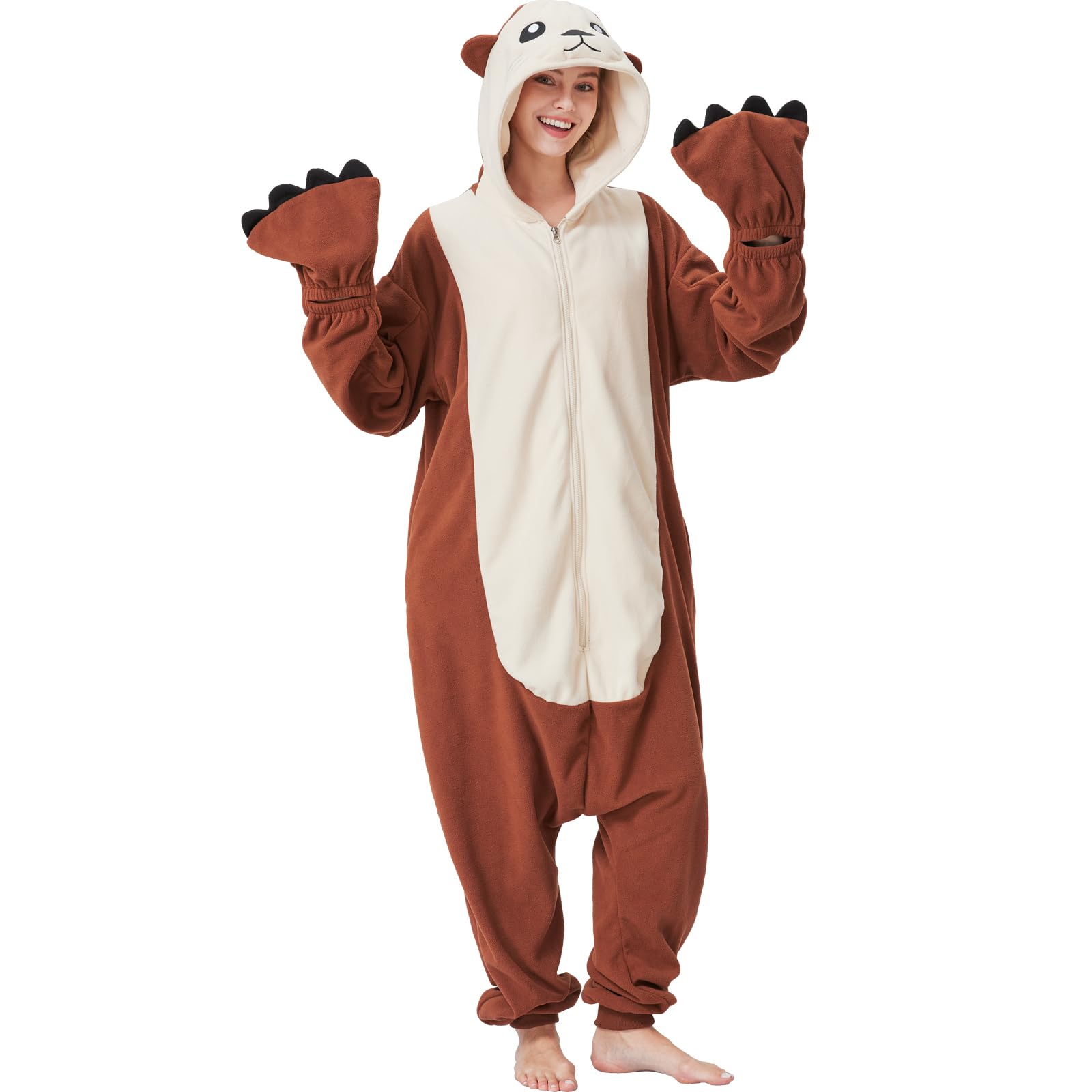 Adult Sea Otter Onesie Costume – Adorable Plush Animal Pajamas with Ears, Tail & Detachable Gloves for Halloween