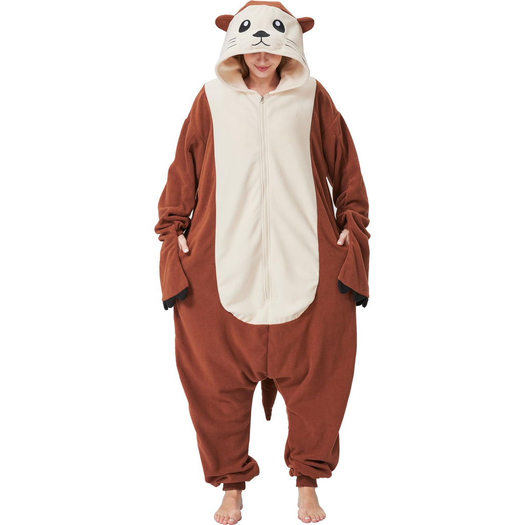 Adult Sea Otter Onesie Costume – Adorable Plush Animal Pajamas with Ears, Tail & Detachable Gloves for Halloween