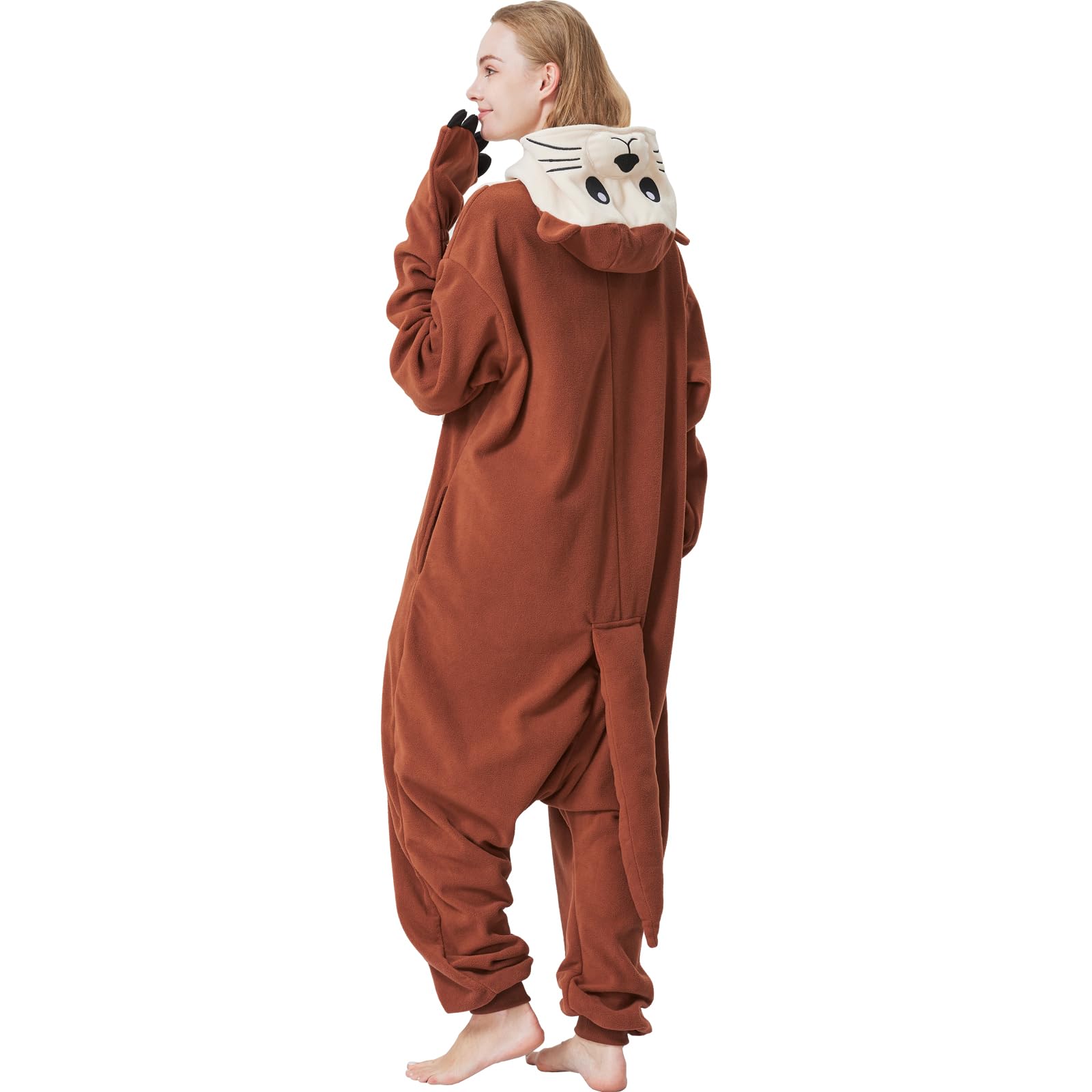 Adult Sea Otter Onesie Costume – Adorable Plush Animal Pajamas with Ears, Tail & Detachable Gloves for Halloween