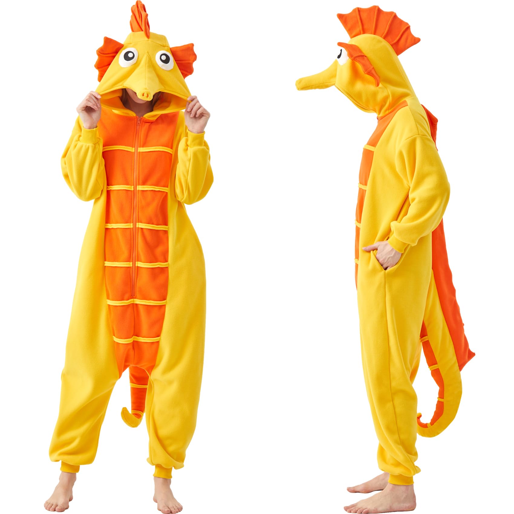 Adult Seahorse Onesie Costume – Cute 3D Sea Creature Pajamas with Detachable Gloves for Halloween & Lounge