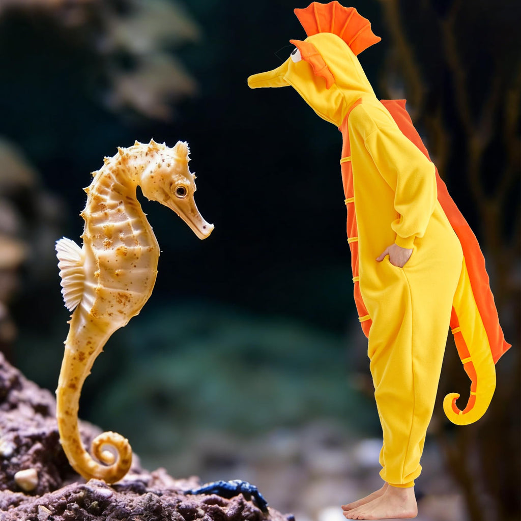Adult Seahorse Onesie Costume – Cute 3D Sea Creature Pajamas with Detachable Gloves for Halloween & Lounge