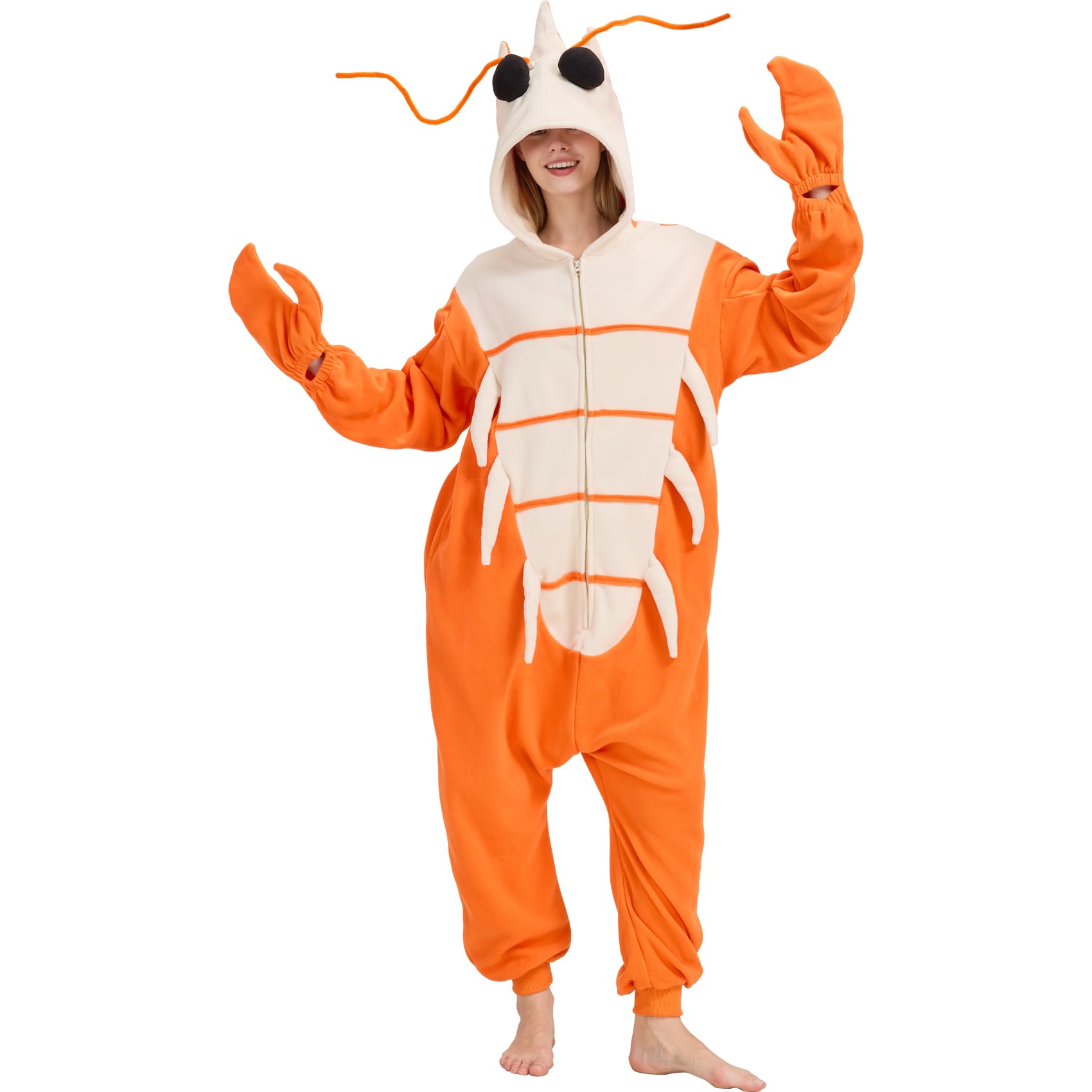 Adult Shrimp Onesie Costume – Funny Crustacean Pajamas with Detachable Claw Gloves for Halloween & Lounge