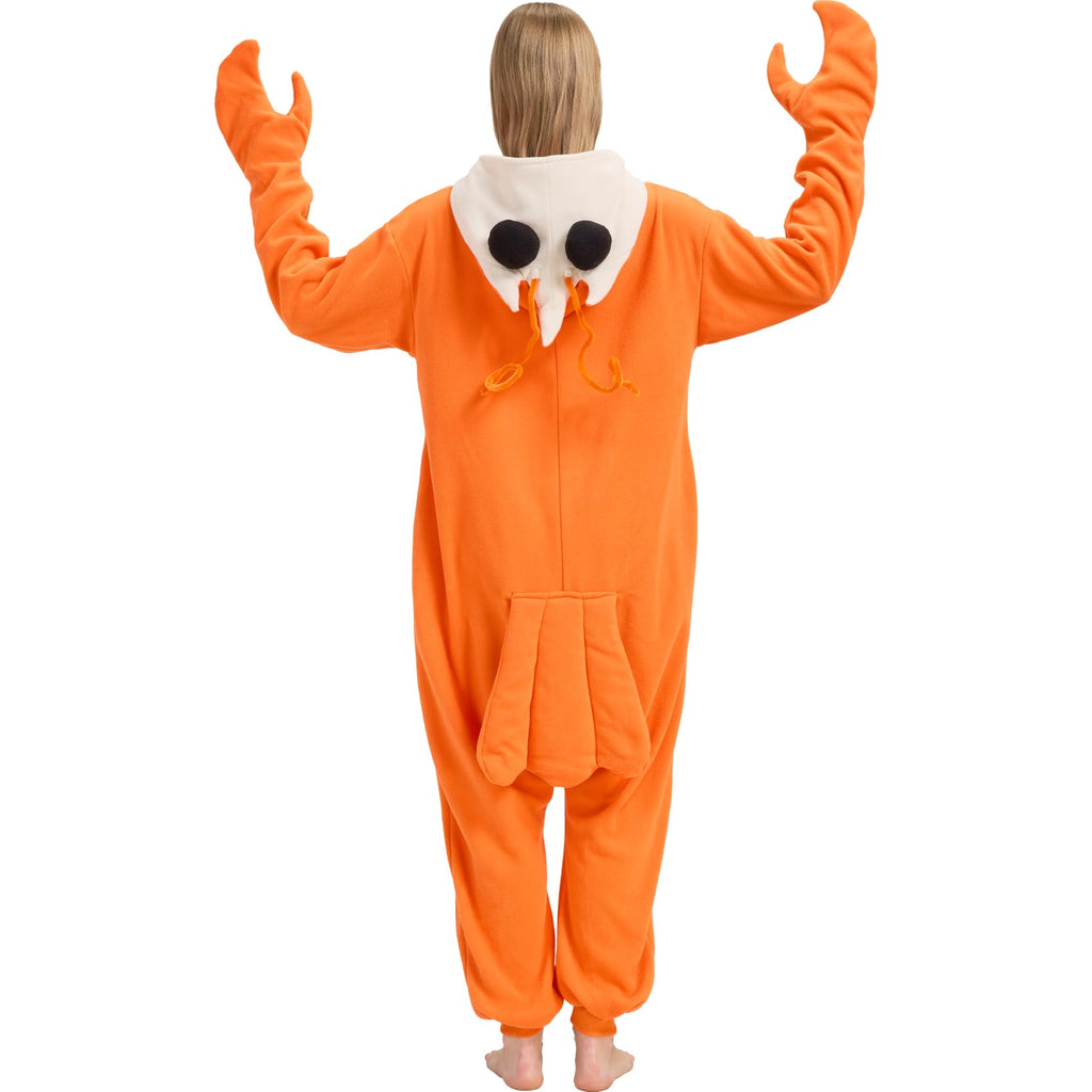 Adult Shrimp Onesie Costume – Funny Crustacean Pajamas with Detachable Claw Gloves for Halloween & Lounge