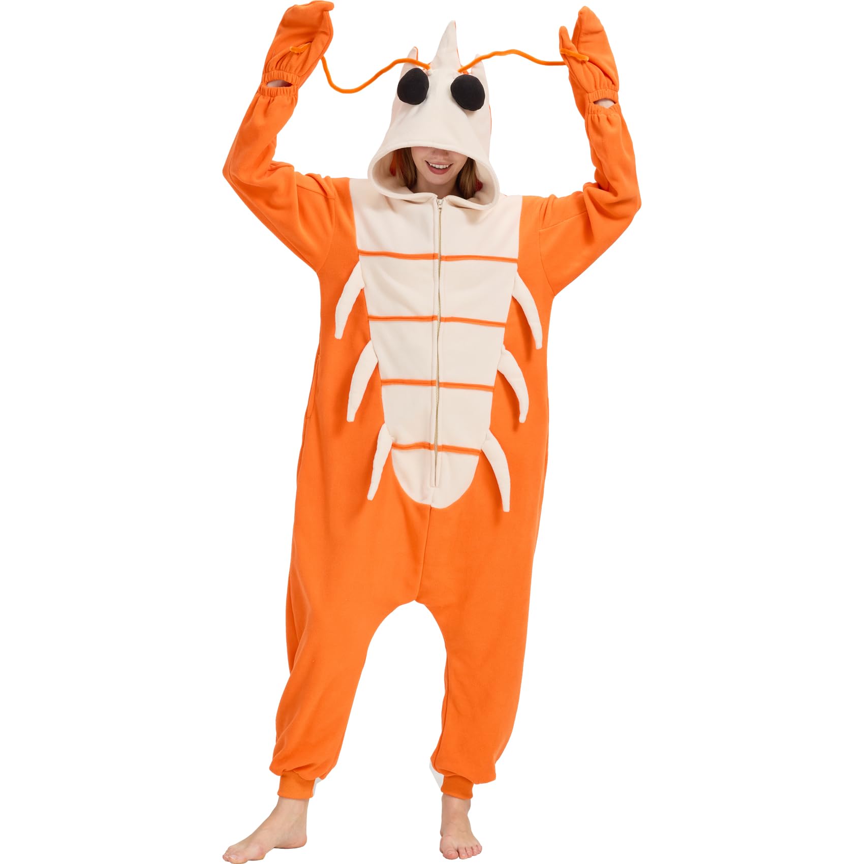 Adult Shrimp Onesie Costume – Funny Crustacean Pajamas with Detachable Claw Gloves for Halloween & Lounge