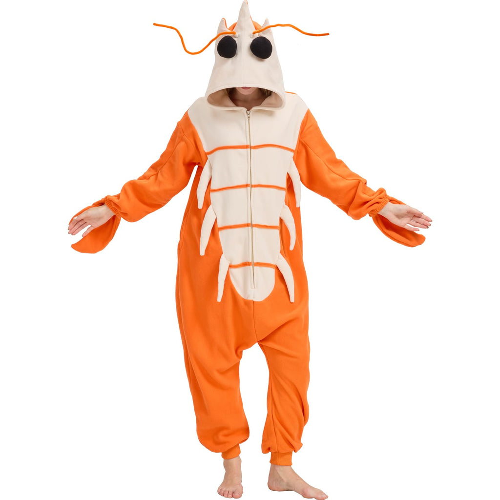 Adult Shrimp Onesie Costume – Funny Crustacean Pajamas with Detachable Claw Gloves for Halloween & Lounge