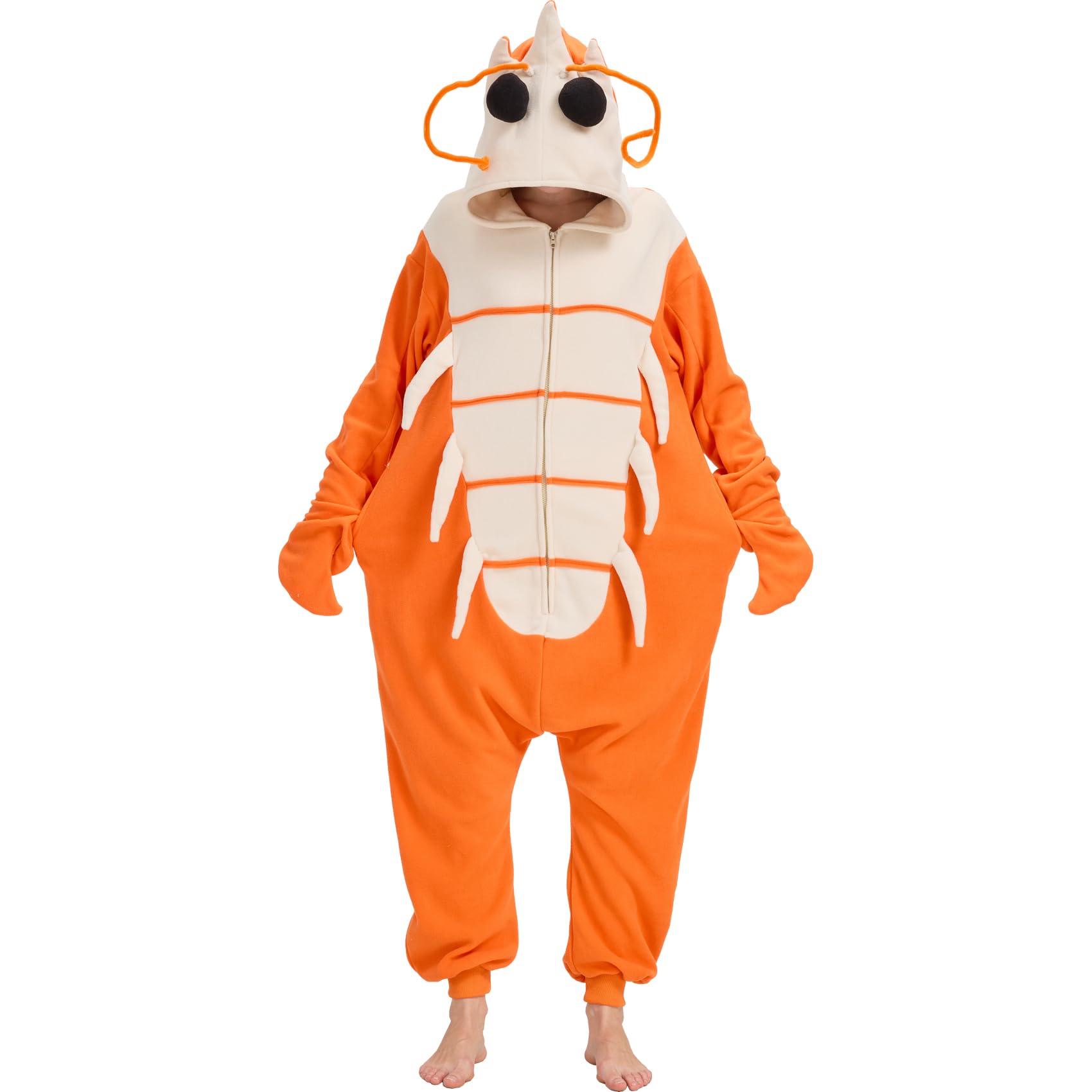 Adult Shrimp Onesie Costume – Funny Crustacean Pajamas with Detachable Claw Gloves for Halloween & Lounge