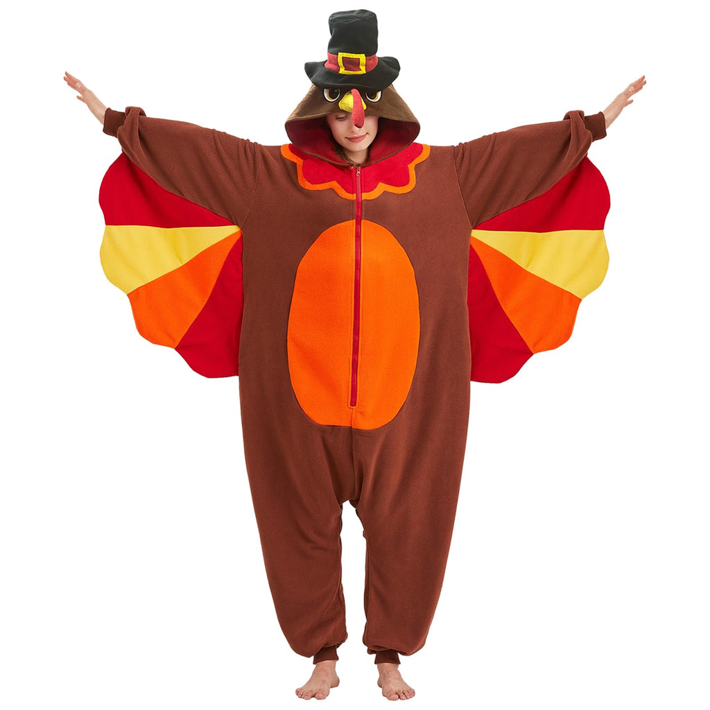 Cute Turkey Onesie Costume – Thanksgiving Polar Fleece Pajamas with Wings & Crown