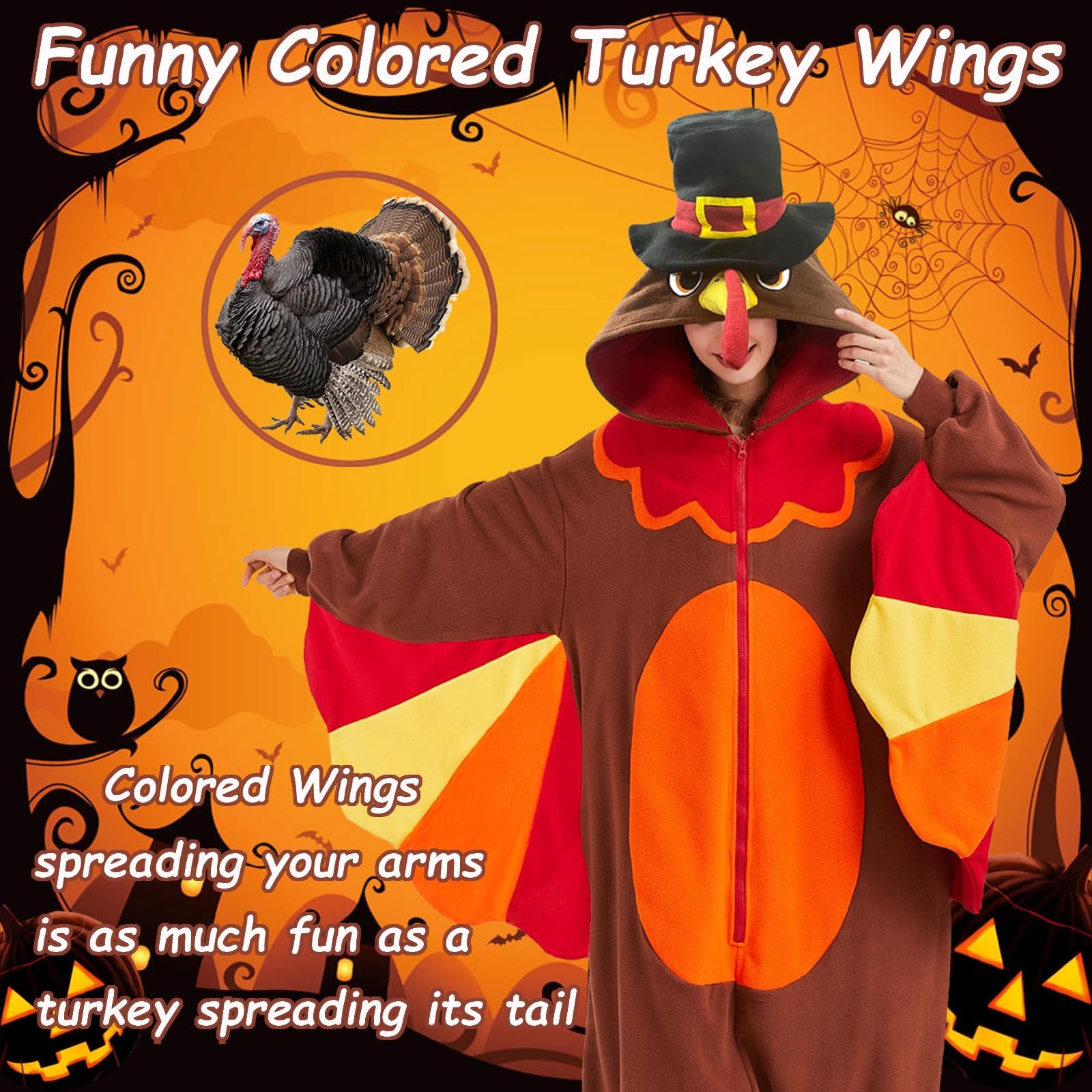 Cute Turkey Onesie Costume – Thanksgiving Polar Fleece Pajamas with Wings & Crown