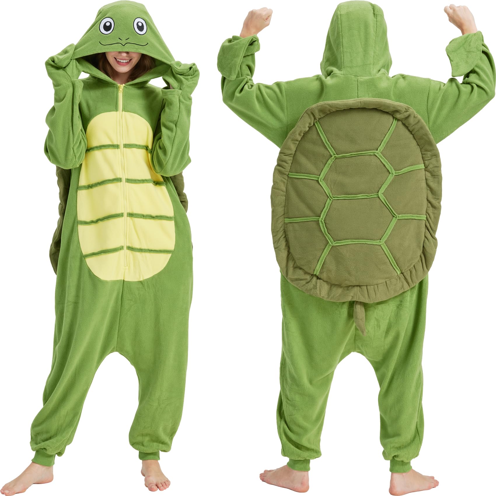 Adult Sea Turtle Onesie Costume – Plush Turtle Pajamas with Detachable Flipper Gloves & Soft Shell for Halloween