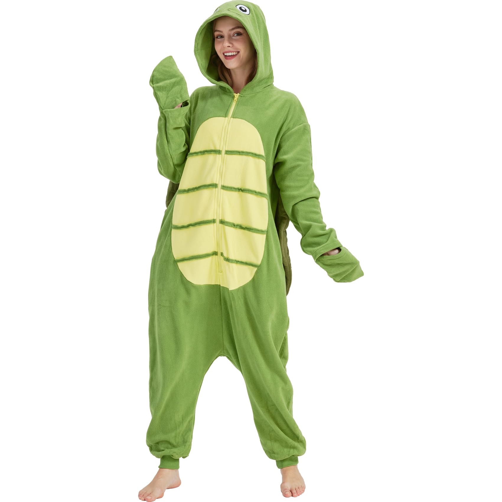 Adult Sea Turtle Onesie Costume – Plush Turtle Pajamas with Detachable Flipper Gloves & Soft Shell for Halloween