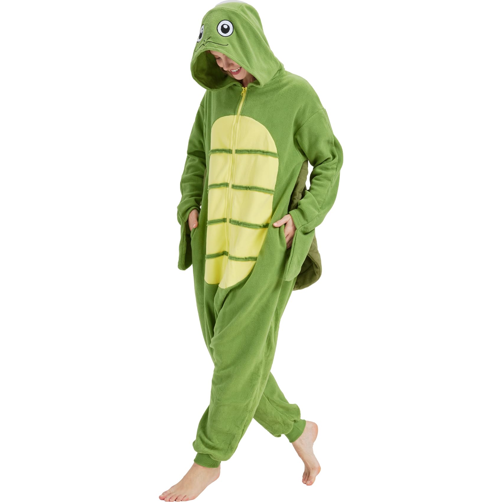 Adult Sea Turtle Onesie Costume – Plush Turtle Pajamas with Detachable Flipper Gloves & Soft Shell for Halloween