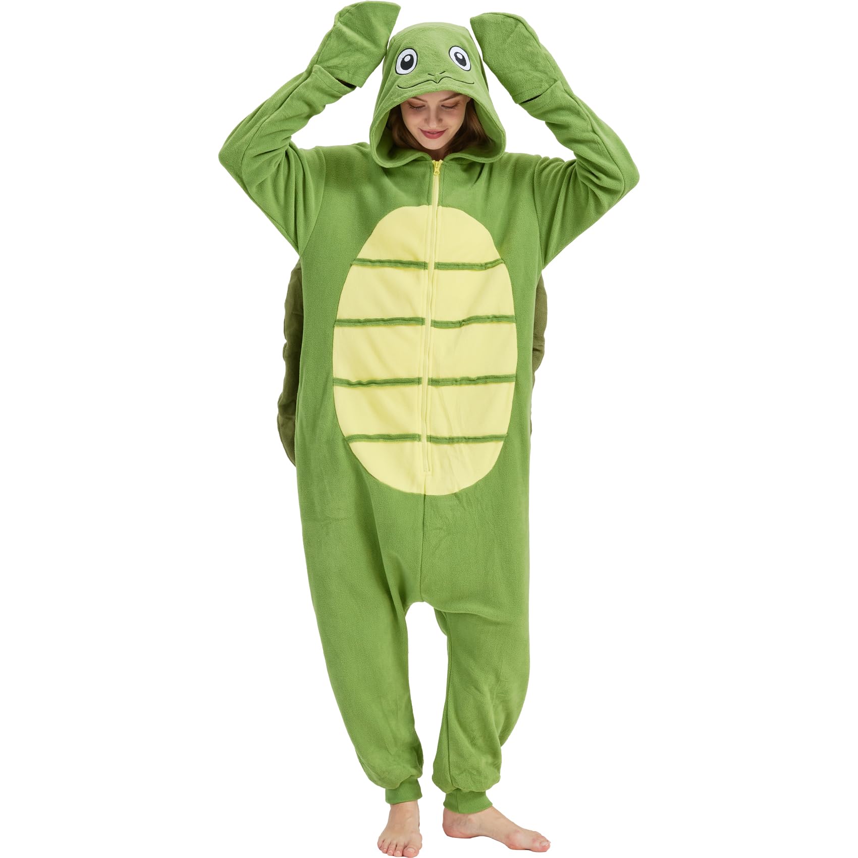 Adult Sea Turtle Onesie Costume – Plush Turtle Pajamas with Detachable Flipper Gloves & Soft Shell for Halloween