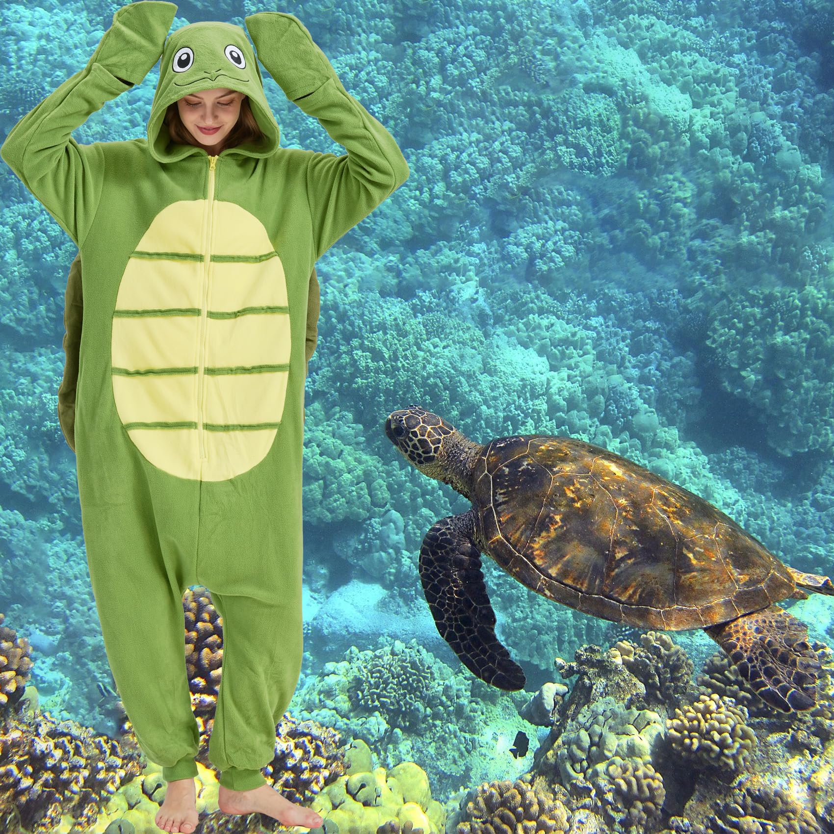Adult Sea Turtle Onesie Costume – Plush Turtle Pajamas with Detachable Flipper Gloves & Soft Shell for Halloween