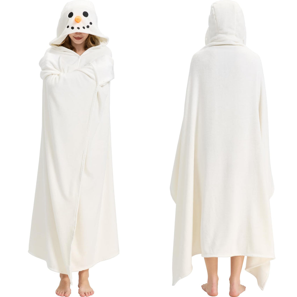 Snowman Hooded Blanket – Wearable Cozy Cape with Glove Sleeves for Adults, Unisex Flannel Fleece Throw for Winter