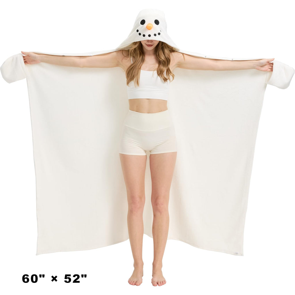 Snowman Hooded Blanket – Wearable Cozy Cape with Glove Sleeves for Adults, Unisex Flannel Fleece Throw for Winter