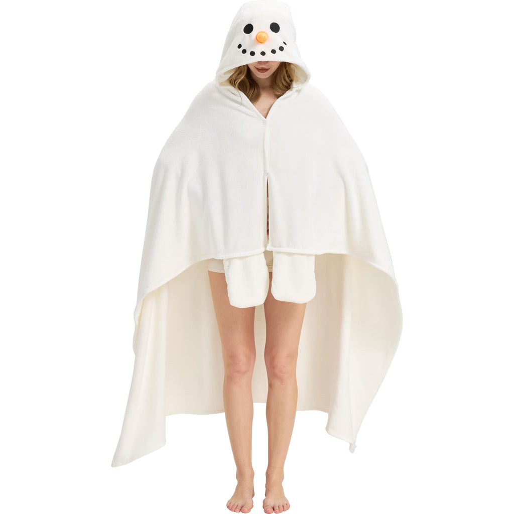 Snowman Hooded Blanket – Wearable Cozy Cape with Glove Sleeves for Adults, Unisex Flannel Fleece Throw for Winter