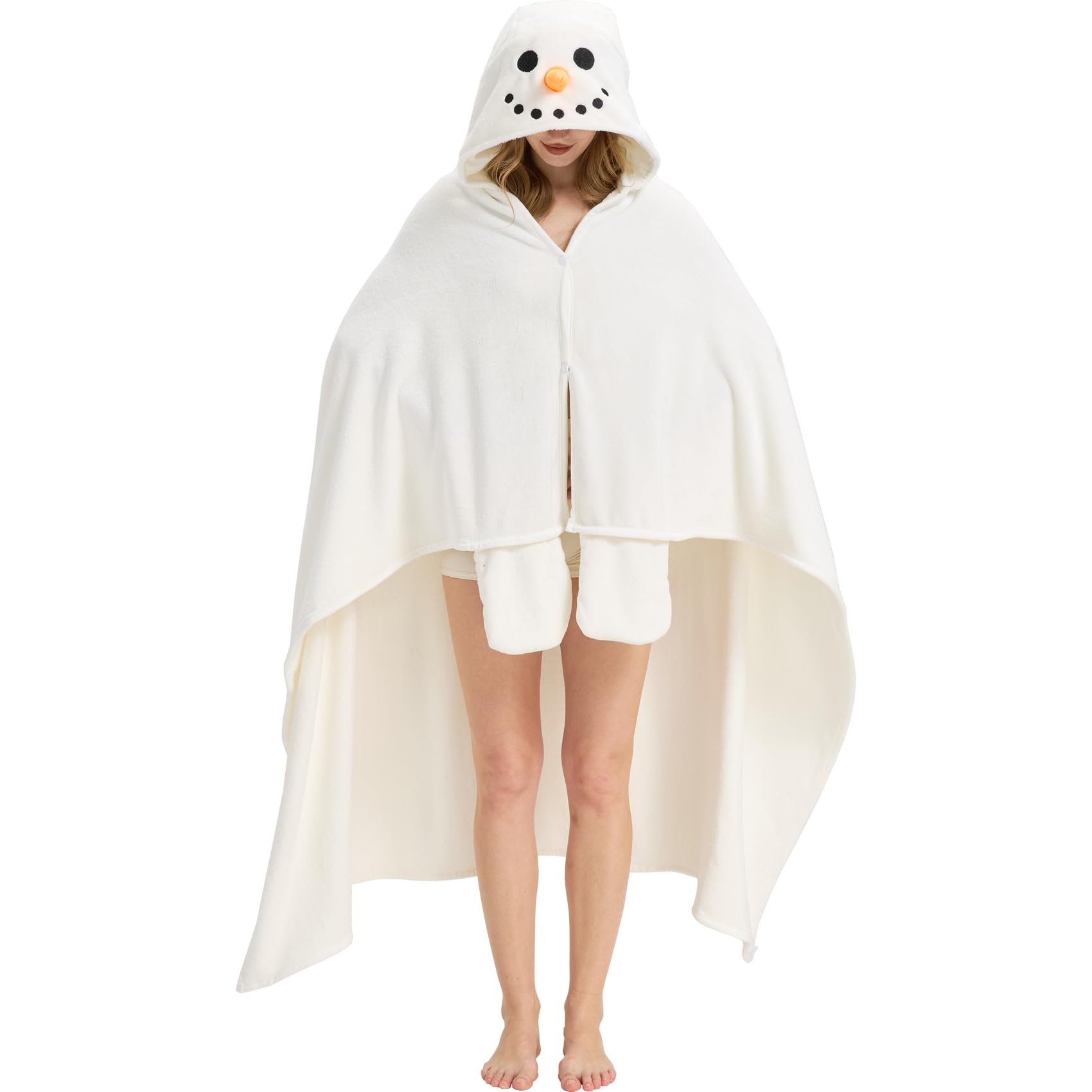 Snowman Hooded Blanket – Wearable Cozy Cape with Glove Sleeves for Adults, Unisex Flannel Fleece Throw for Winter