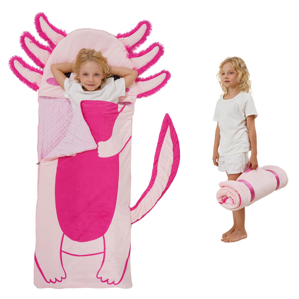 Adorable Axolotl 3-in-1 Sleeping Bag for Kids – Soft Pink Nap Mat with Detachable Tail Pillow
