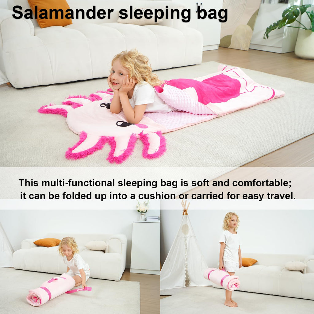 Adorable Axolotl 3-in-1 Sleeping Bag for Kids – Soft Pink Nap Mat with Detachable Tail Pillow